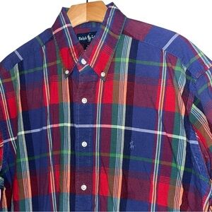 Ralph Lauren Men’s L Blue Red Plaid Button Down 100% Cotton Short Sleeve Shirt